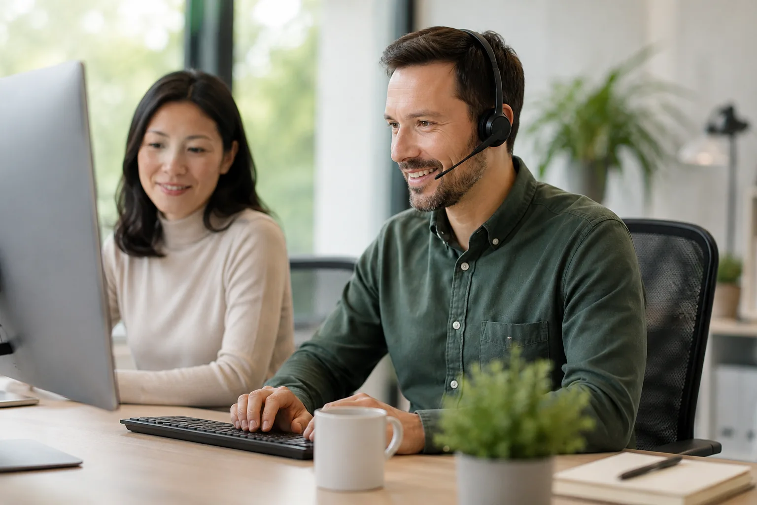 Mitarbeiterin mit Headset bei der persönlichen Anrufannahme