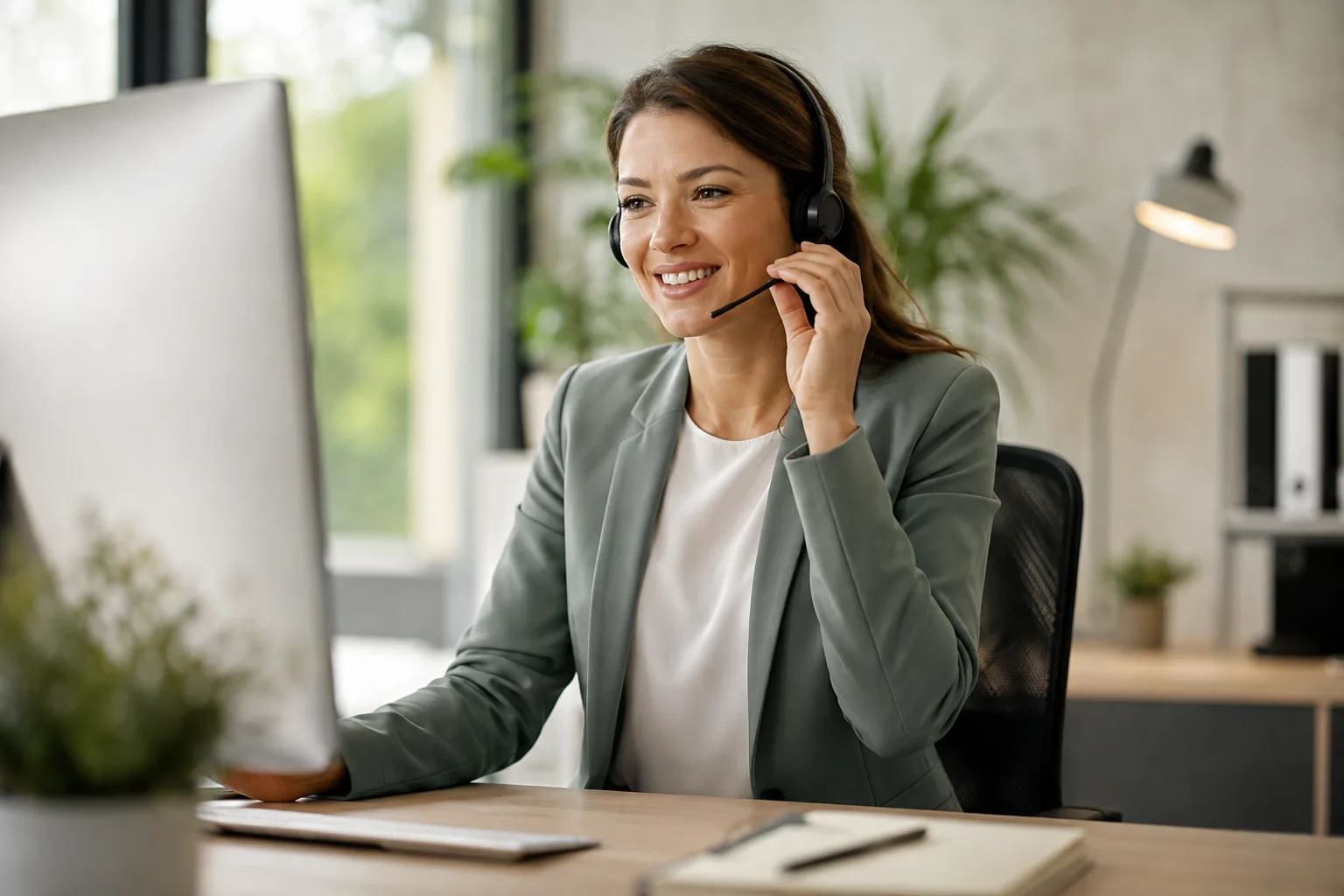 Mitarbeiterin mit Headset im persönlichen Telefongespräch